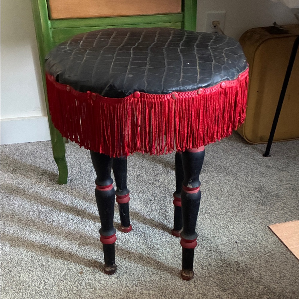 Vintage Black and Red Fringed Accent Stool